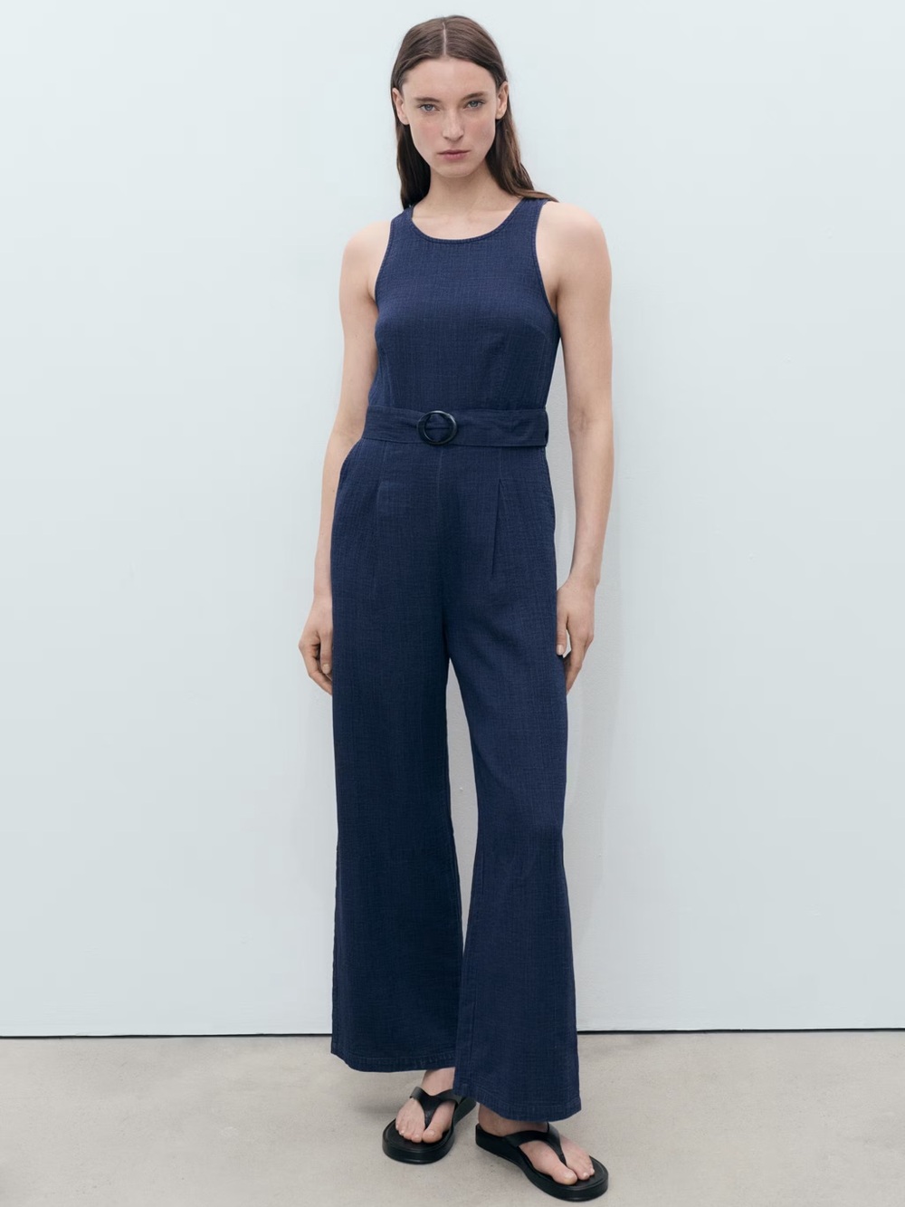 Mango Navy flowy denim jumpsuit with belt NWT